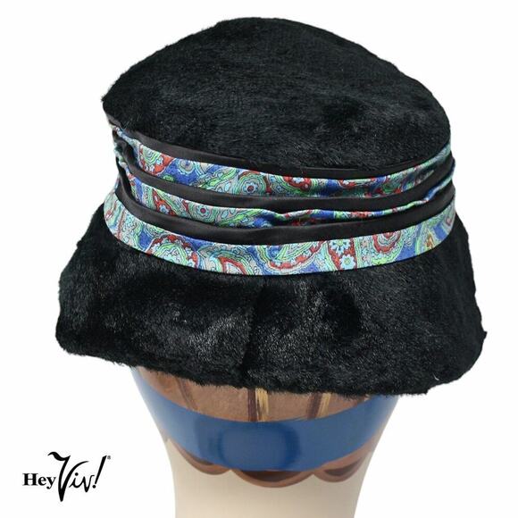 Vintage Black Plush Bucket Hat w Paisley Black Satin Trim and Bow - Hey Viv - Picture 2 of 7